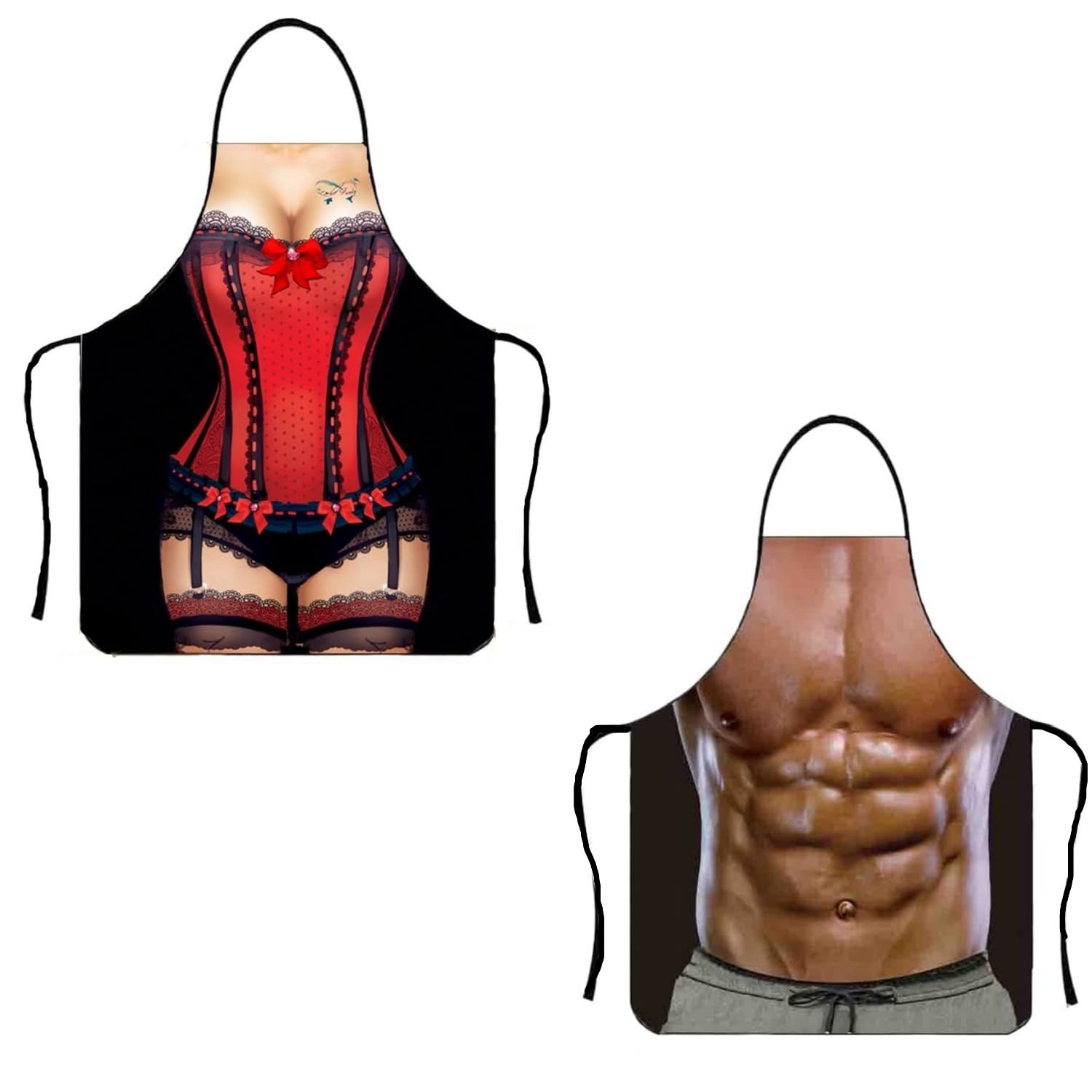 Wxinsheng Sexy Delantal de Cocina,Juego de 2 Delantales de Cocina Divertidos,Diseño Hombre Musculoso，Impermeable y Ajustable,Para Chef,Barbacoa,Fiestas o Regalo de Pareja,Poliéster Anti Manchas