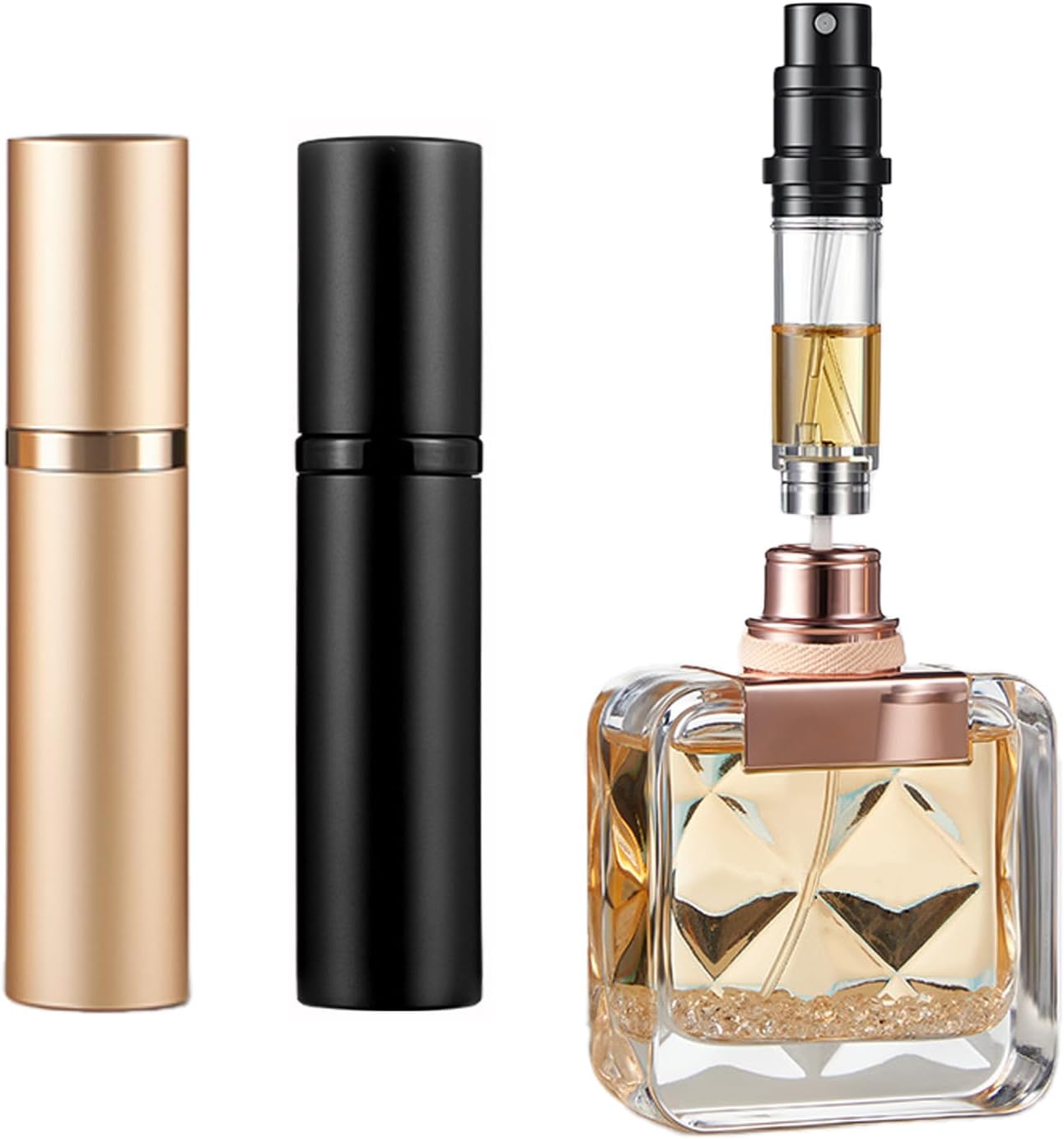 Vinuwu Refillable Perfume Atomiser 2 Pack 5ml, Mini Travel Aftershave Dispenser, Small Perfume Spray Bottle, Pocket Size Bottom Filling Perfume Dispenser for Women and Men (Black+Gold)