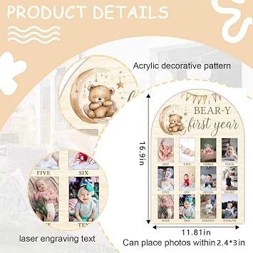 12 Monthly Picture Frame,One Year Birthday Wooden Photo Board, My First Year Milestone Photo Board Baby First year Wood Sign (Goodnight Bear)