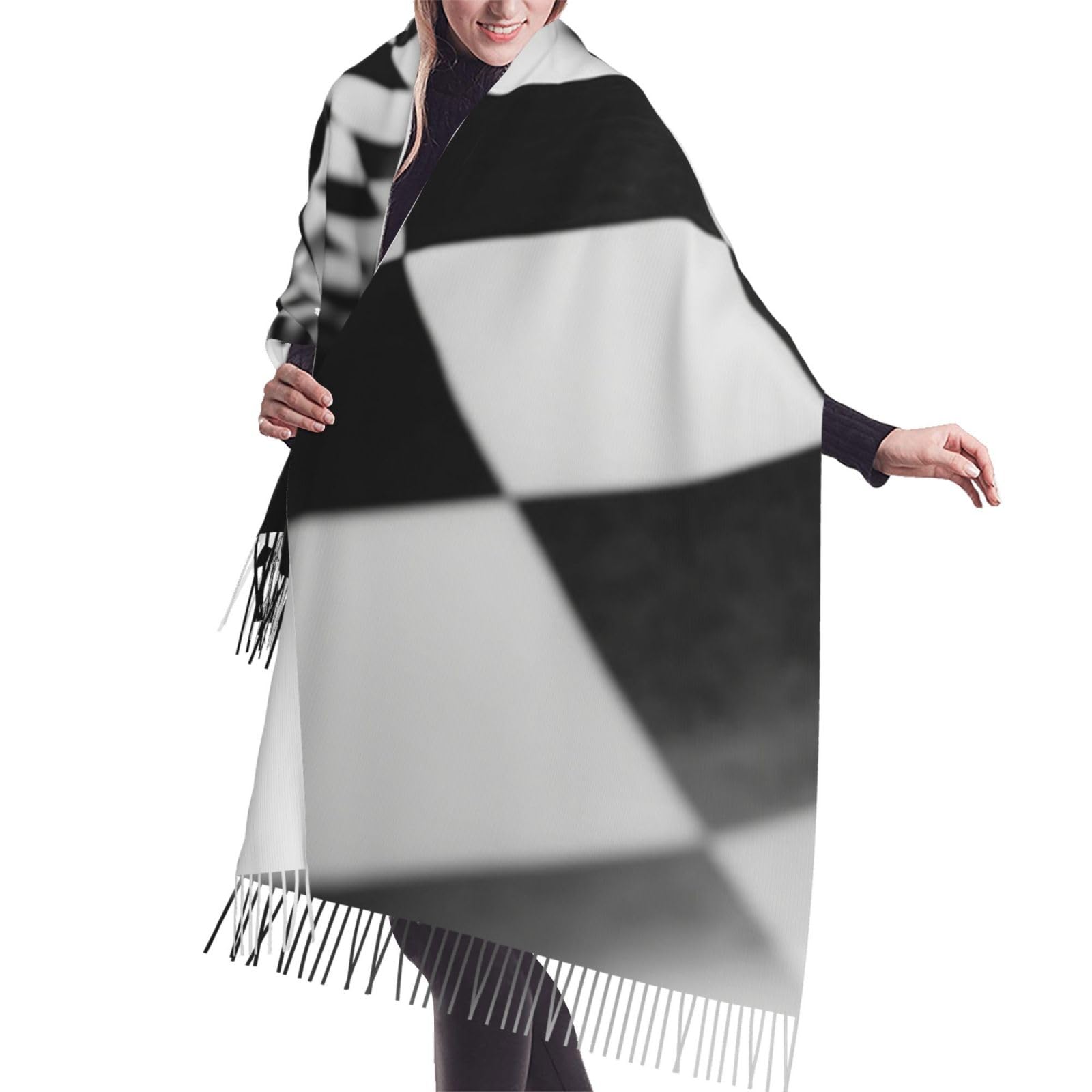 LHBWCVN Black White Chess Checkerboard Scarfs for Women Cashmerette Fringed Scarf Fashion, Small Blankets, Long Shawl and Wraps