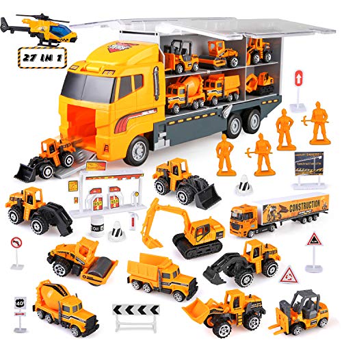 BeebeeRun 27 in 1 Engineering Construction Truck Car Toy Set, Alloy Transport Truck with Workers and Road Signs, Play Vehicles in Carrier Gifts for 3+ Kids Boys and Girls