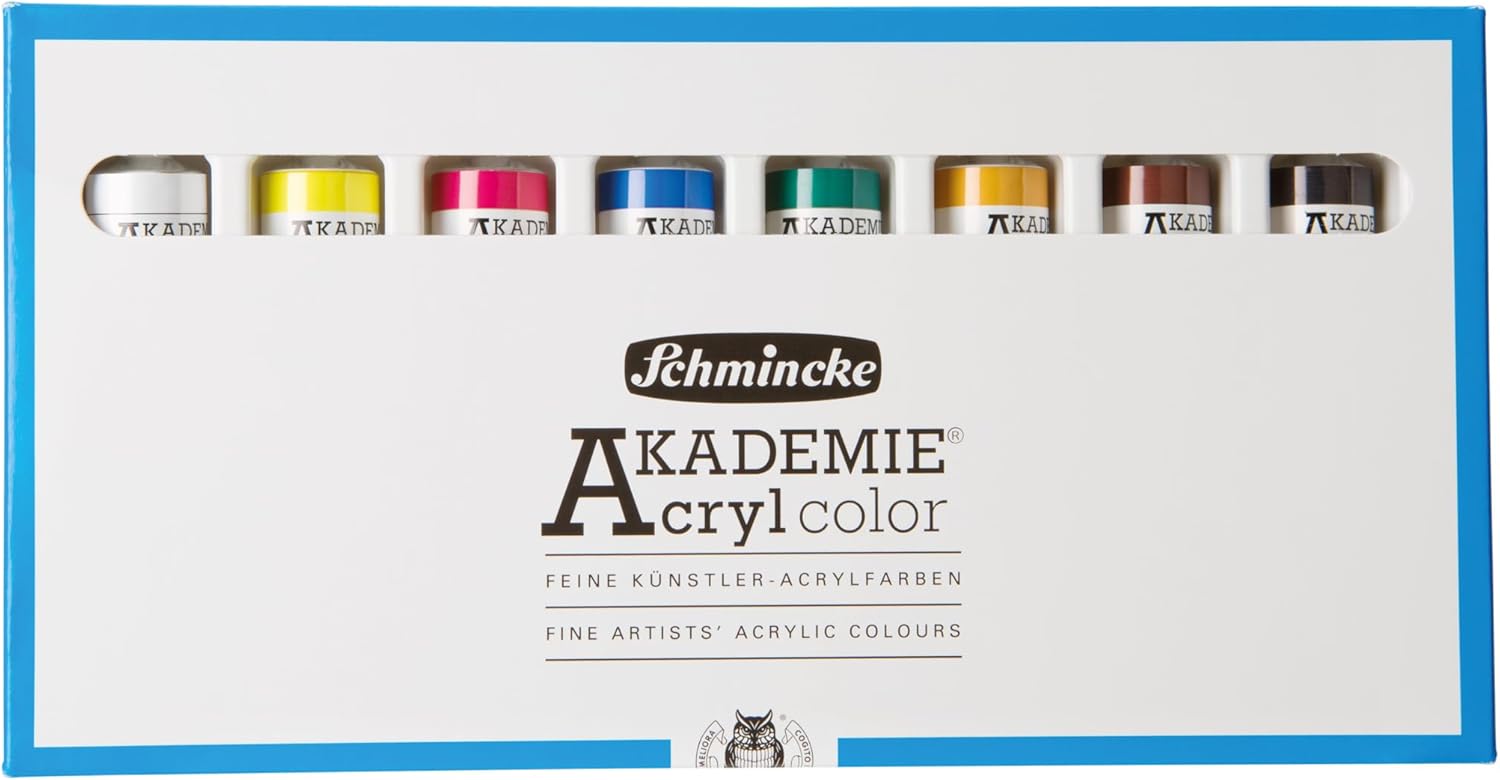 Schmincke - AKADEMIE® Acryl color, basic assortment 8 x 20 ml tubes, 76 008 097, cardboard box set, brilliant, highly lightfast colors, cadmium-free, fine artists' acrylics