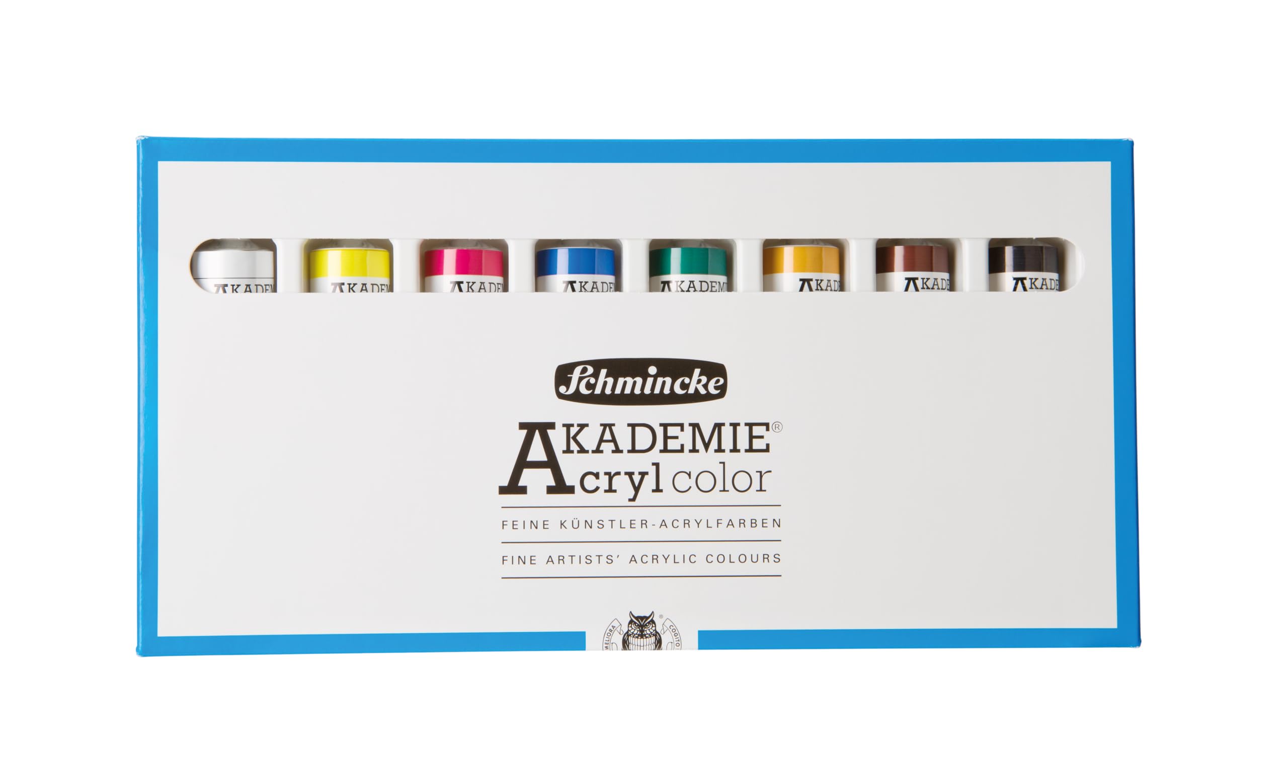 Schmincke – AKADEMIE Acryl, Grundsortiment 8 x 20 ml-Tuben, 76 008 097, Kartonset, brillante, farbstarke, hoch lichtechte Farbtöne, kadmiumfrei, feine Künstler-Acrylfarben