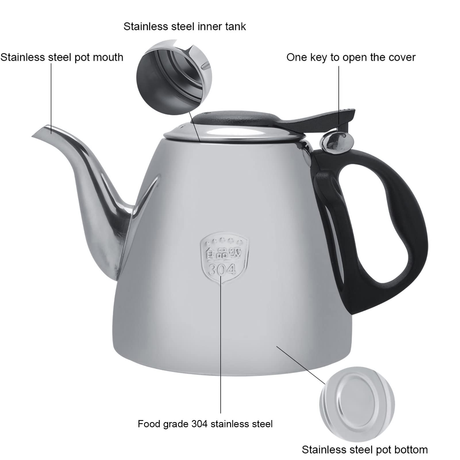 Teiera in Acciaio Inossidabile, Teiera con Piano Cottura, Teiera, Caffettiera, Bollitore con Manico Resistente Al Calore, Facile da Pulire per Piano Cottura a Induzione (1,5 litri)