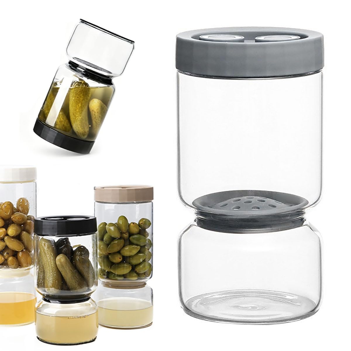 IRCKONCI Pickles Flip Pickle Hourglass Jar, Pickle Container With Double Leak Proof, Olives Liquid Separator Jar, for Pickles, Tomatoes, Onions And Artichokes(Gray)