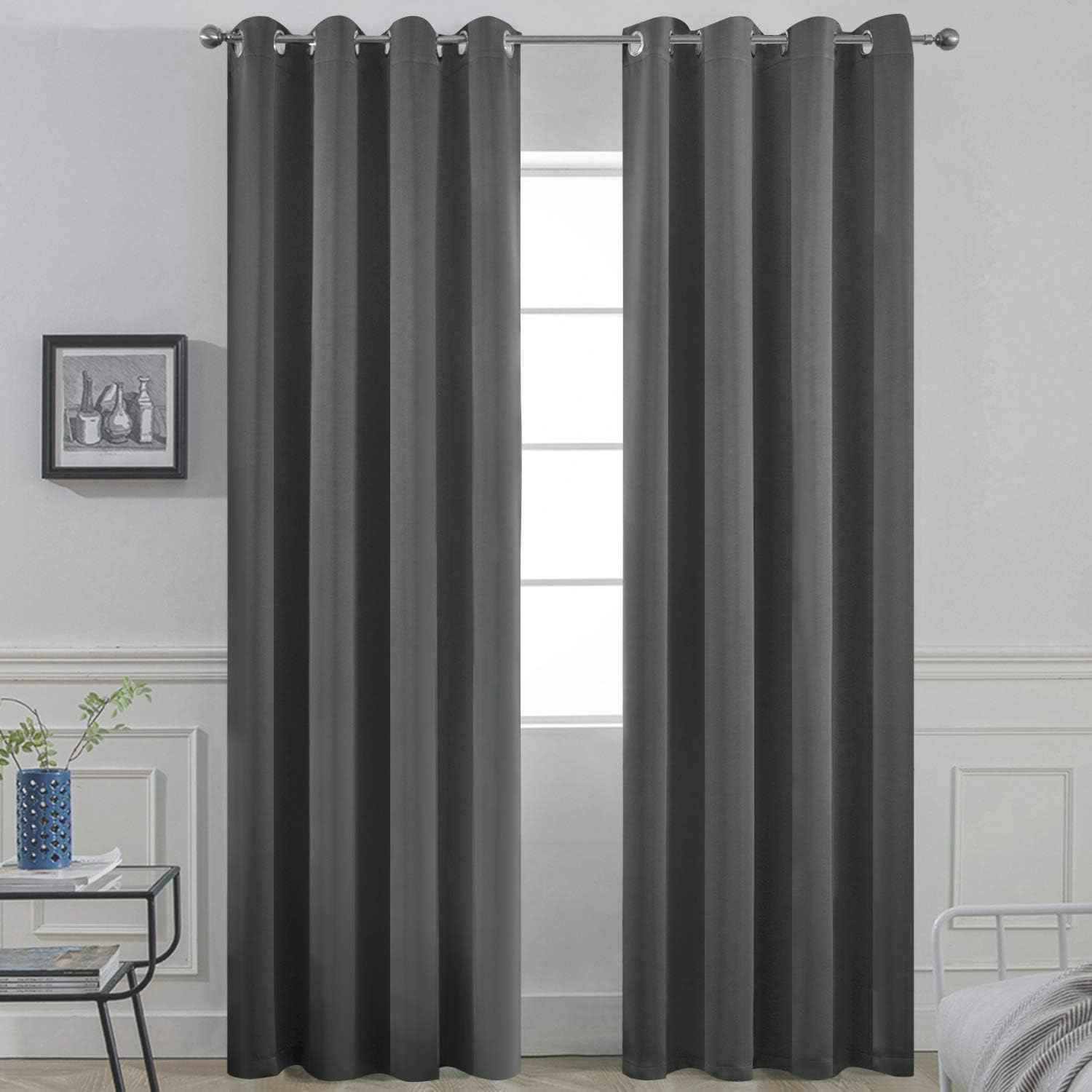 Yakamok Thermal Insulated Solid Grommet Light Blocking Blackout Curtains for Living Room, Room Darkening Blackout Drapes for Bedroom(Dark Grey, 52Wx96L, 2 Panels)
