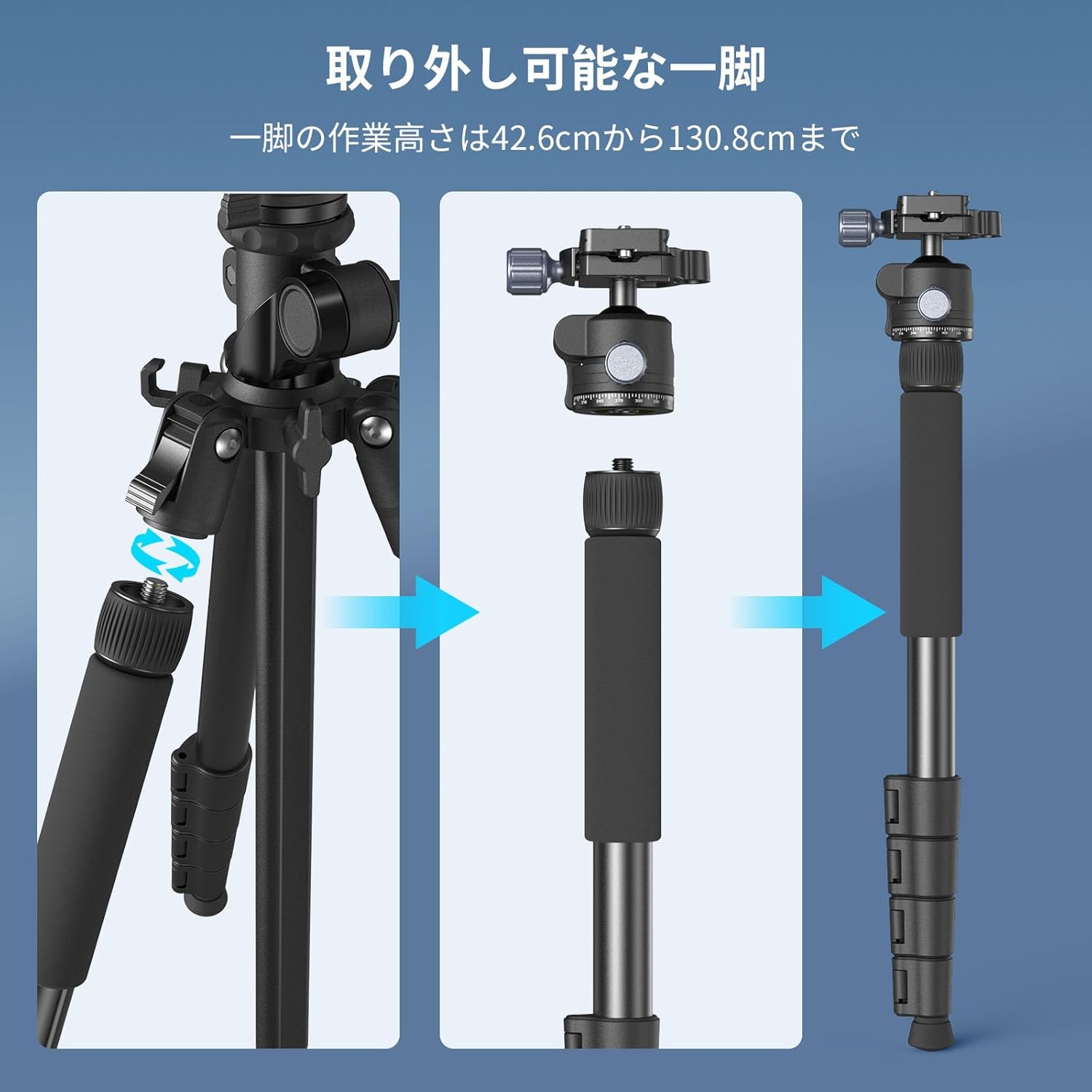 Diagram showing how to convert one leg of the SmallRig CT25 tripod into a monopod
