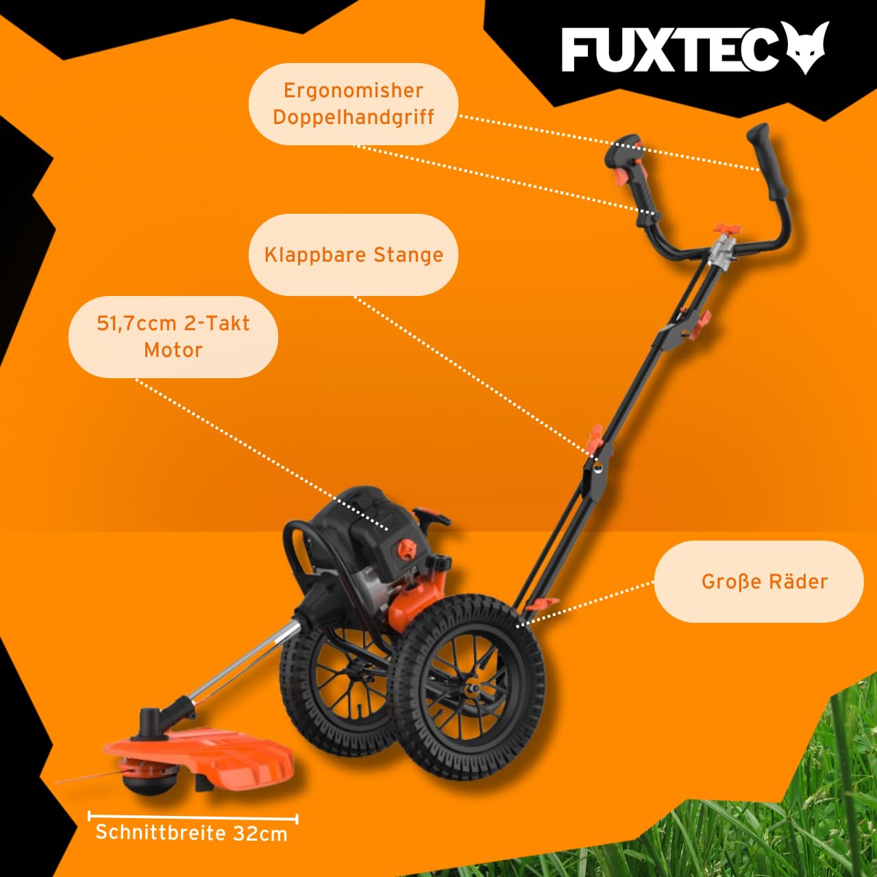FUXTEC Benzin Motorsense auf Rädern FX-FSR152 mit 52 cc, großen Lufträdern und 3 PS Leistung Trimmer Rasentrimmer Freischneider fs Faden 2-Takt