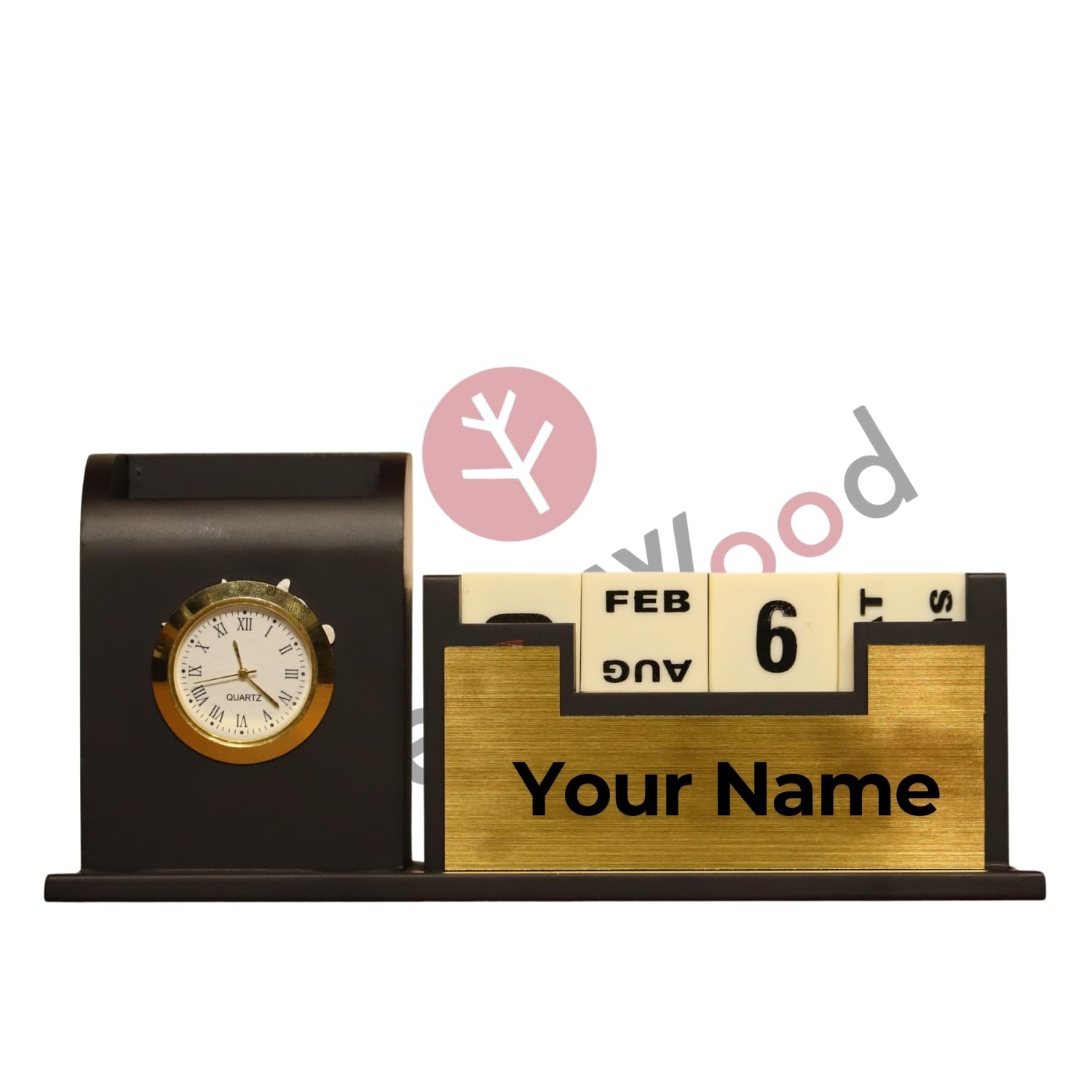 Teak Wood Personalized Gold Pen Stand With Name, Table Watch, Calendar, Stationery & Wooden Desk Organizer – Custom Corporate Gift For Doctors, Office, Study, Personalized Gold Pen Stand (Black)