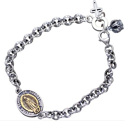 Women Men Sterling Silver Tag Cross Crown Charm Link Bracelet