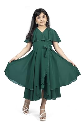 Fashion Dream Girl's Calf Length Asymmetric Fit And Flare Midi Dresses (Dark Green_11-12 Year)