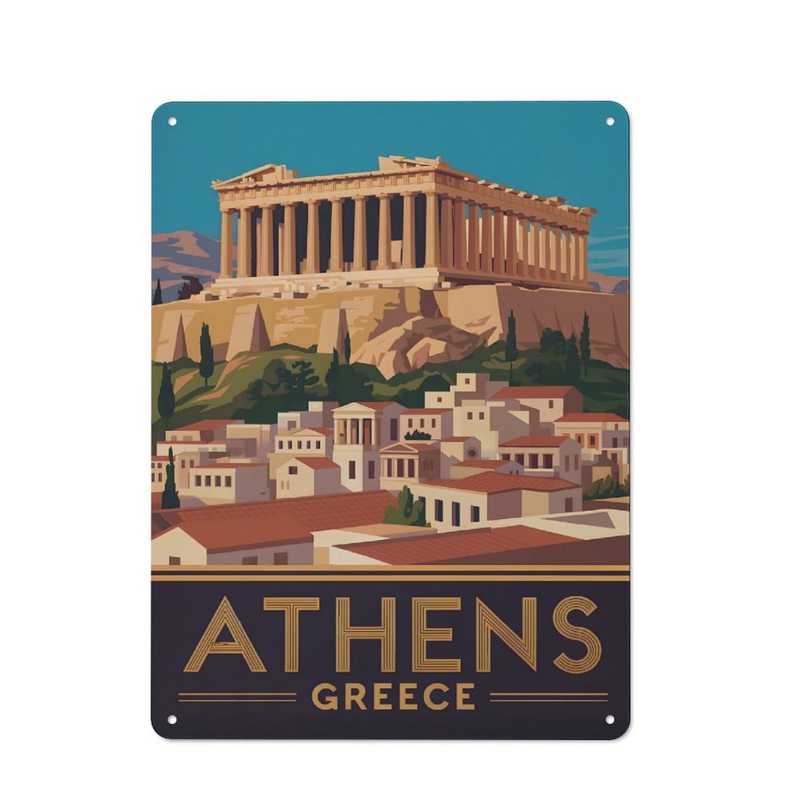 Junmoney Style-3 Athens Greece Travel (4) Retro Metal Wall Decor 40X30cm, Decorative Tin Plaque For Bar, Kitchen, Garage Or Games Room