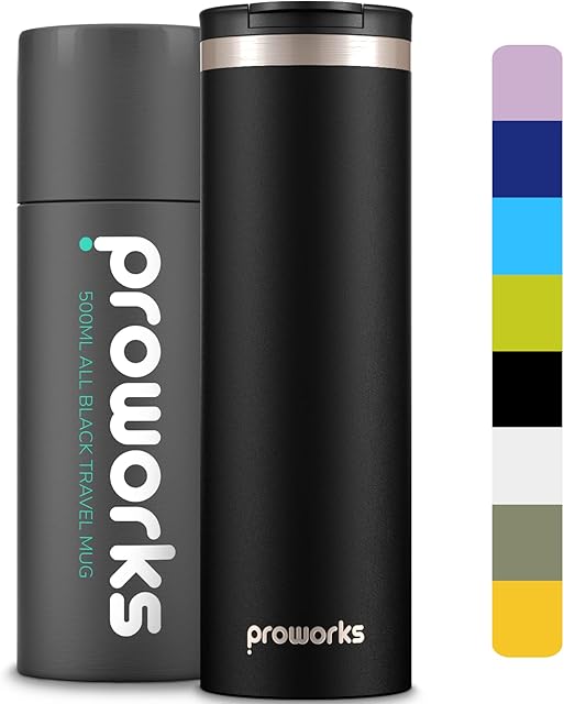 Proworks Travel Mug, 500ml BPA-Free Leakproof Stainless Steel Flasks for Hot and Cold Drinks  Ideal Coffee Mug  Reusable Coffee Cup, Vacuum Insulated Flask - Black