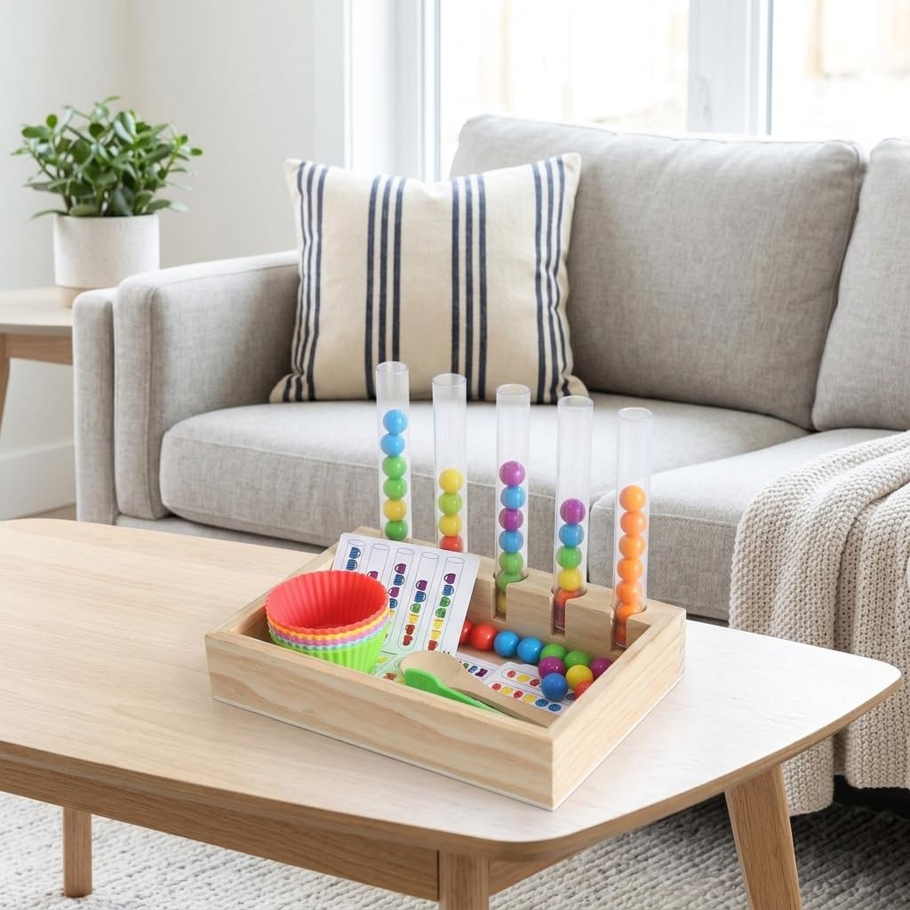 Jugue Educativo Madera, Set csificación Elementos con Tubos y Pinzas, Juego coordinación Ojo Mano, motricidad Fina 4-6 años