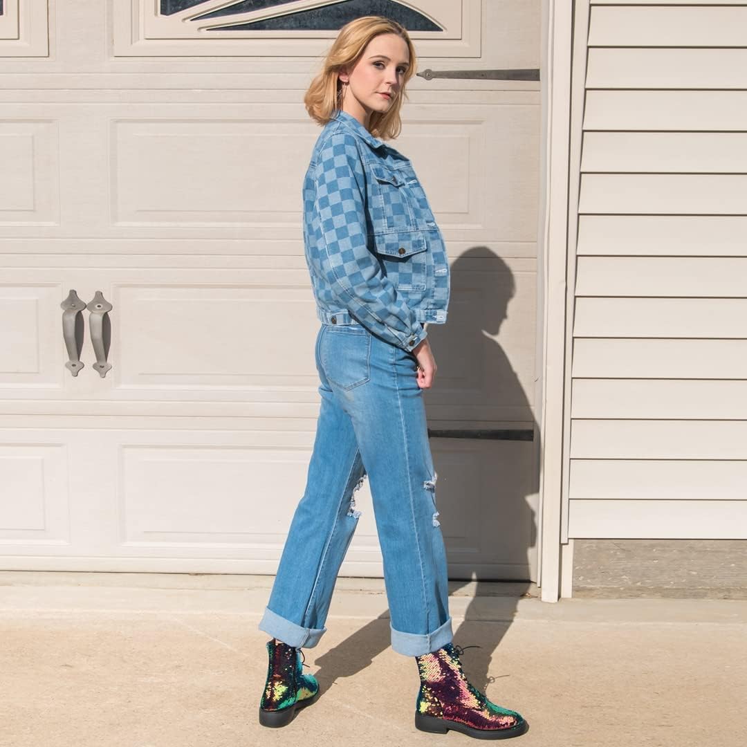 Caradise Womens Lace Up Glitter Combat Boots Chunky Heel Sequin Ankle Booties