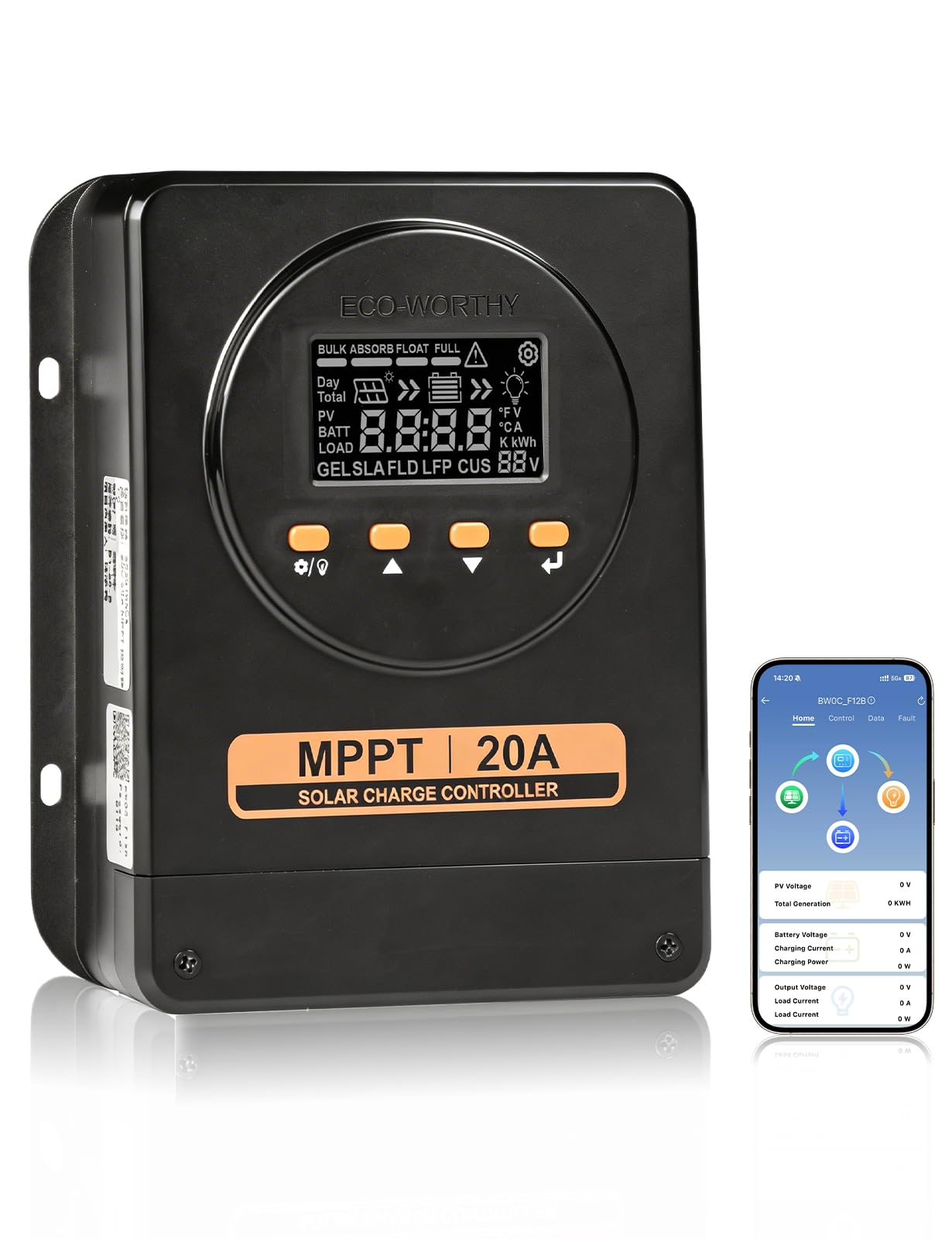 ECO-WORTHY 20A MPPT Laderegler, 12V/24V mit automatischer Erkennung, Bluetooth, App und Display, kompatibel mit Blei-Säure-/SLA-/FLD-/LFP-Batterien, geeignet für Wohnmobil und netzunabhängige System