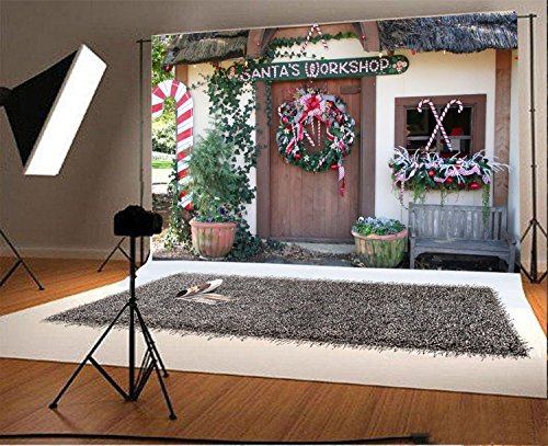 Leowefowa 7X5Ft Vinyl Photography Backdrop Merry Christmas Garland Santa's Workshop Front Door Rustic Candy Cane Background Kids Adults Photo Studio Props #TOP1