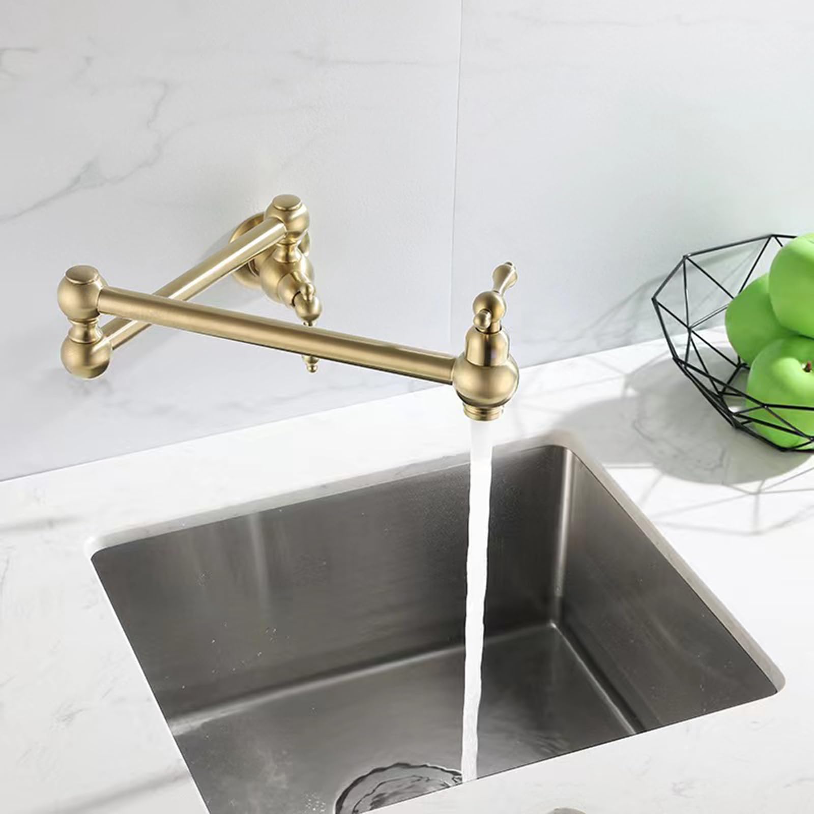 Faucet Pieghevole da Cucina a Muro a Muro a Doppia Maniglia Rubinetto Ottone Freddo, Nero