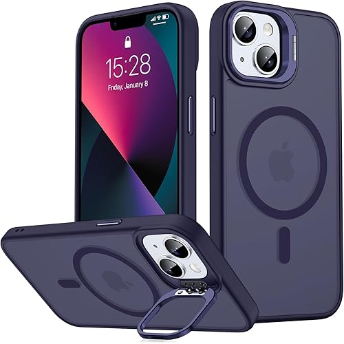 JAME Magnetic for iPhone 13 Case & iPhone 14 Case, [Built-in Lens Ring Stand] [Military-Grade Protection] Slim Translucent Matte Magnetic Phone Case for iPhone 13/iPhone 14 6.1″, Deep Purple