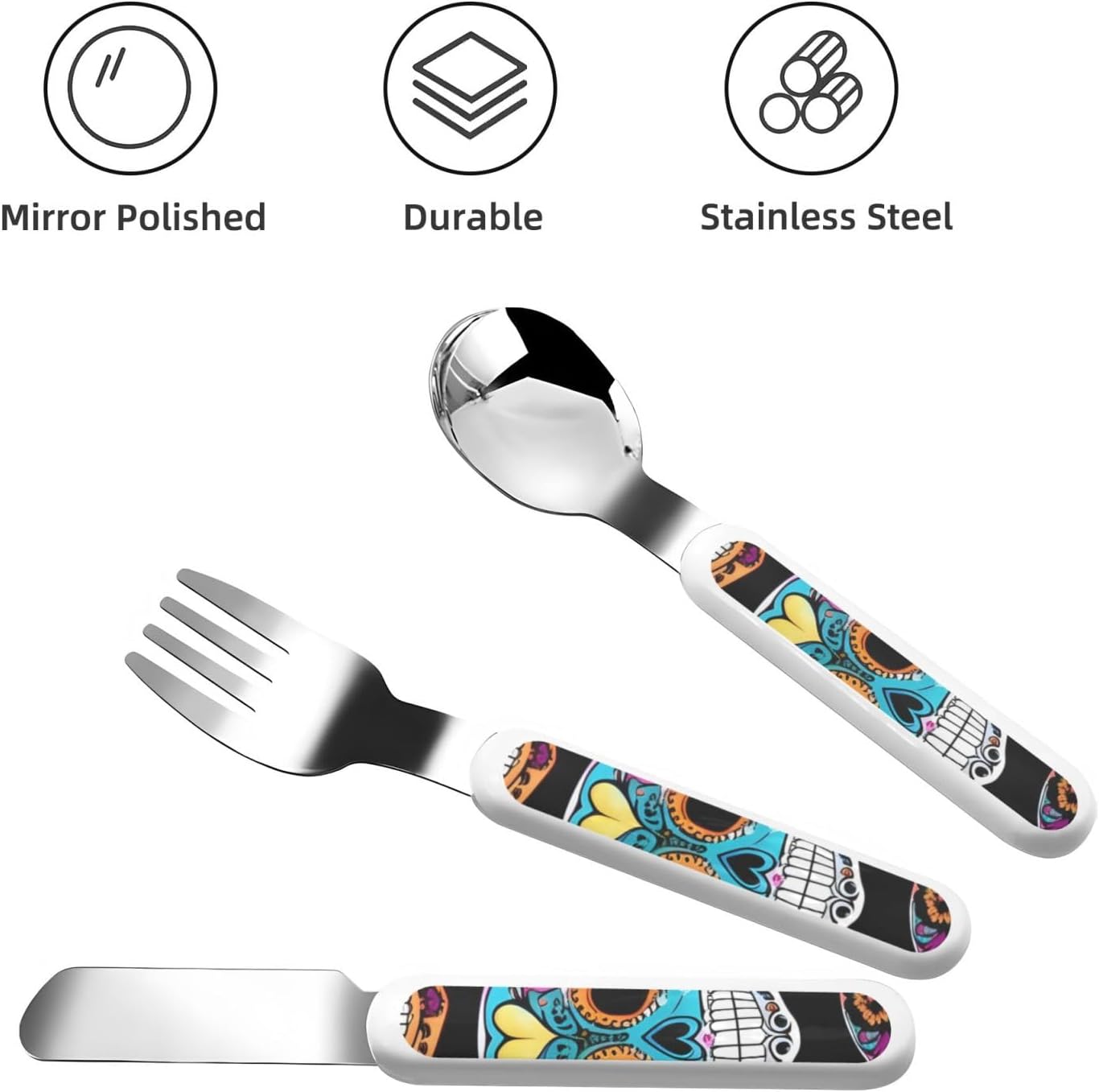 Sugar Skull Print Stainless Knife Spoon Fork 3-Piece Set,Flatware Cutlery Set With Storage Case