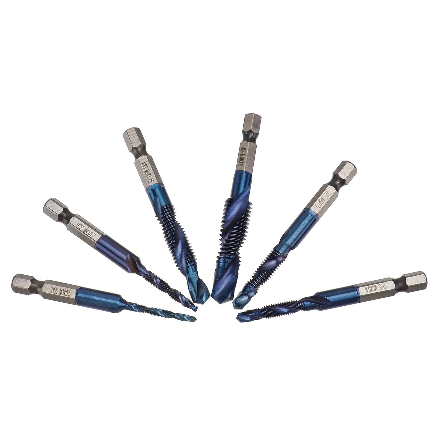 6pcs M35 High-Speed Steel Spiral Tap and Drill Bit Set with Hex Shank, Blue Coated Metric Thread Screw Tapping Tools for Metal, Industrial Cutting and Threading (m3-m10)