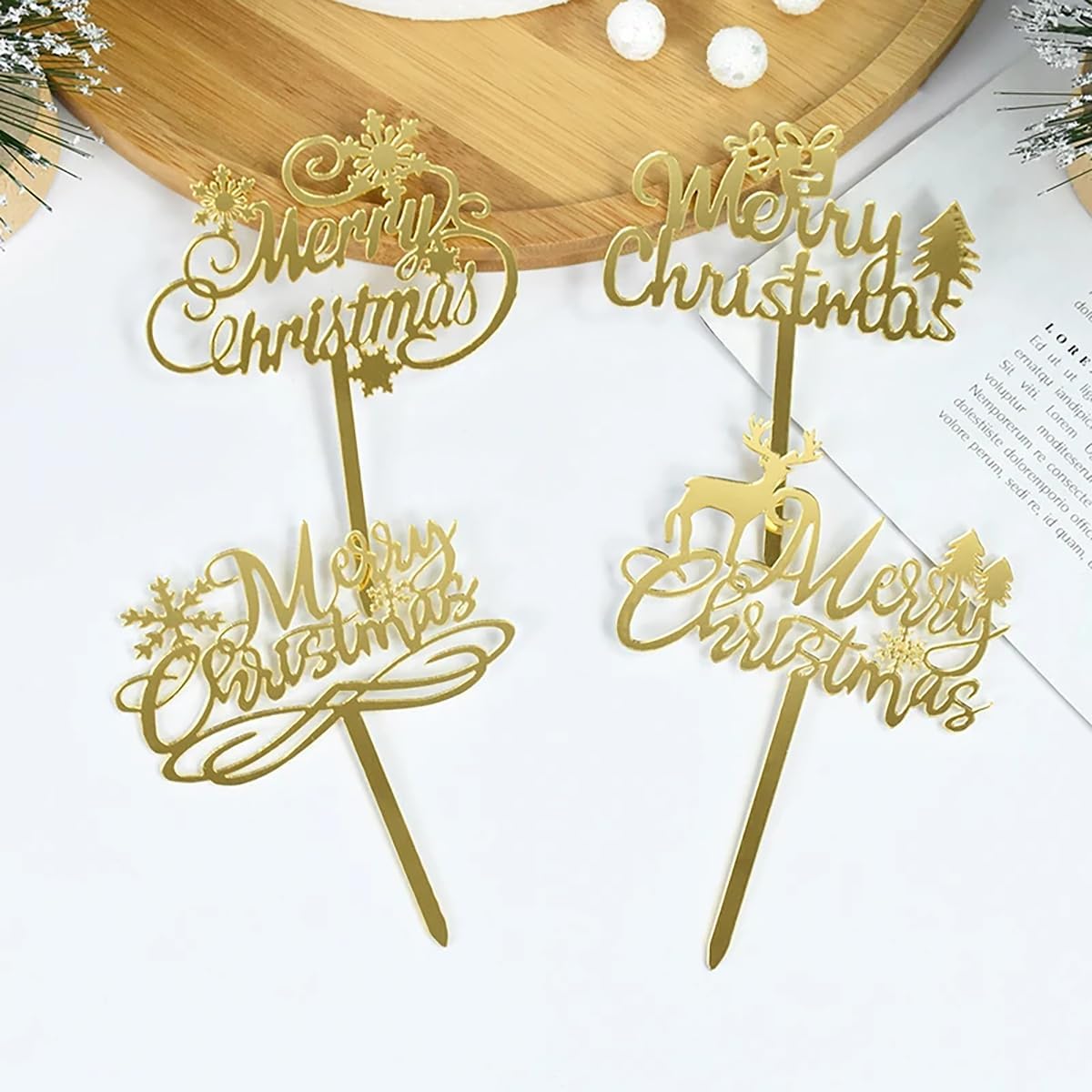 8 pcs Merry Christmas Cake Topper Gold Snowflake Elk Tree Acrylic Cupcake Topper DIY Party Dessert Decoration