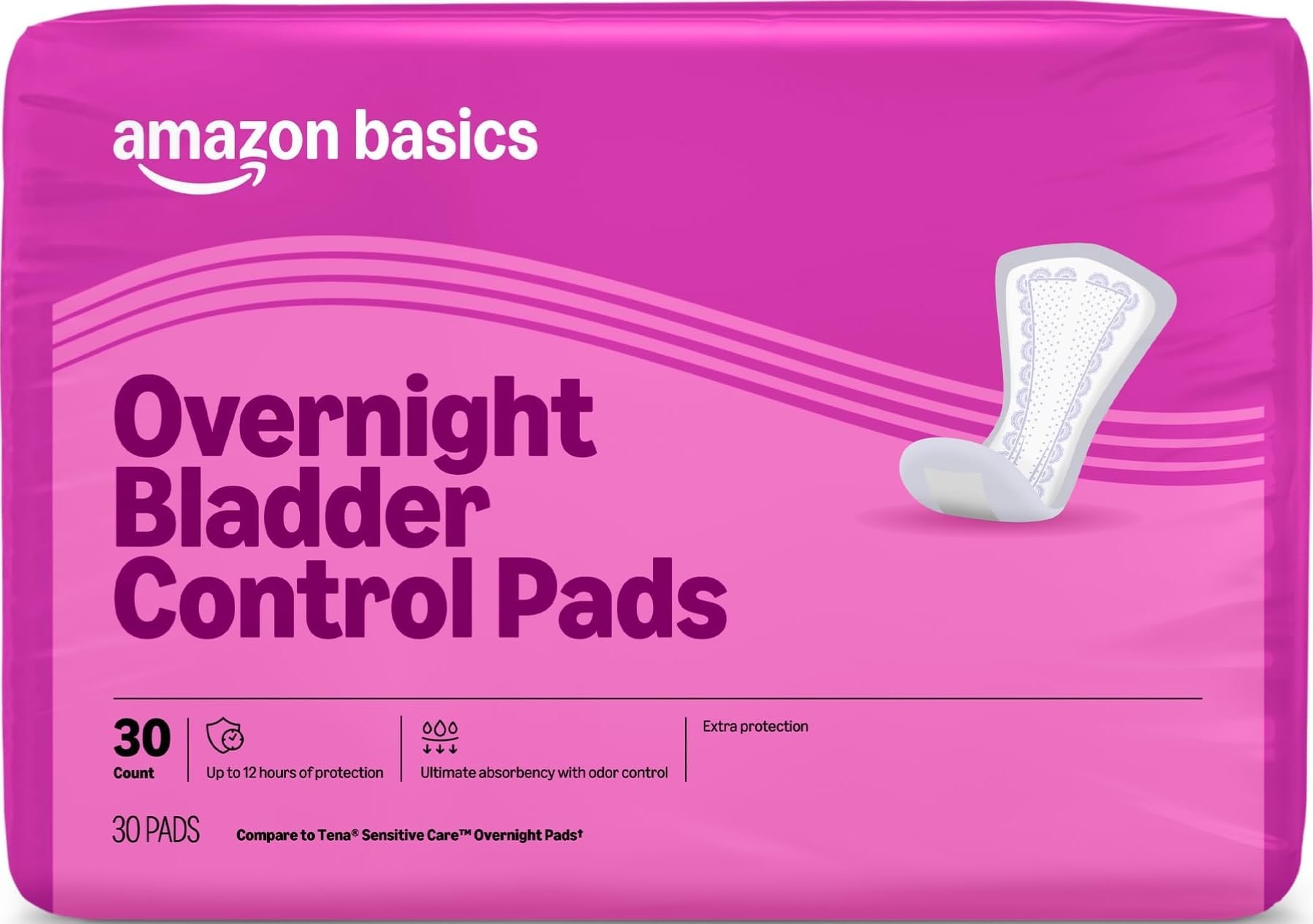 Amazon Basics Incontinence Pads for Women, Postpartum Pads, Bladder Control, Overnight Absorbency, Fresh Protection, Unscented, 30 Count, Packaging May Vary