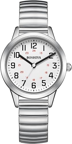 Miniatura 8 de BOSHIYA Relojes para mujer Easy Reader de 1.181 in de acero inoxidable con banda de expansión plateada dorada para mujer, reloj de pulsera pequeño