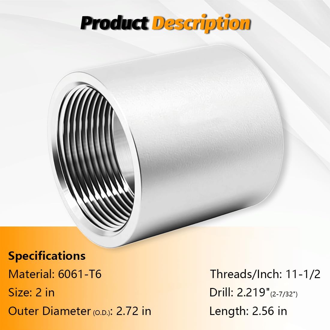 2" NPT Threaded Full Coupling, Aluminum 6061-T Schedule 40 Pipe Fitting | 2 Inch NPT Female to Female Coupler Connector Corrosion Resistance 150 PSI Accordance with ANSI/ASME for Air Water Oil System