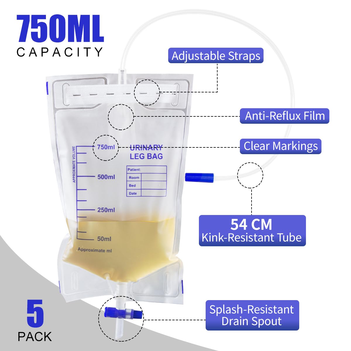 Bolsa de Drenaje de, 5 Piezas Bolsa de Orina 750 ML, Bolsas de Drenaje de Orina con PelíCula Antirreflujo, Bolsa de Recogida de Orina con VáLvula Drenaje en T, Drenaje Y Correas de Tela