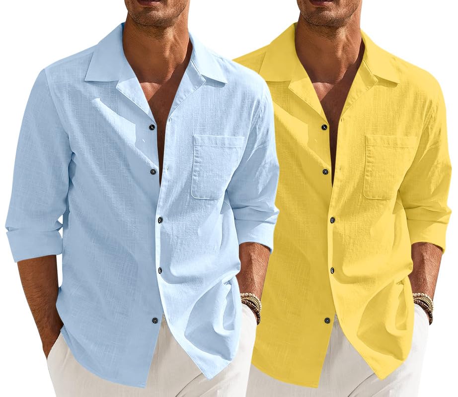 Image of Combo of Men's Casual Cotton Blend Shirt || Long Sleeve Button Down with Spread Collar | Lightweight Breathable Fabric | Stylish Solid Shirt for Beach, Office & Everyday Wear Pack of 2