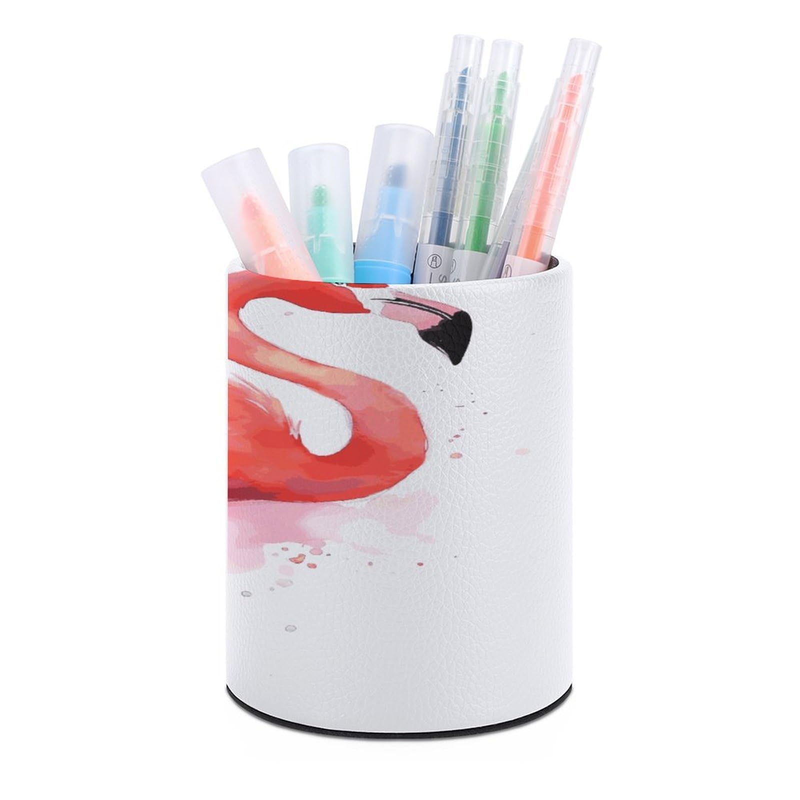 LDGSUPH Pink Flamingo Watercolor Round Pen Holder Leather Pen Cup Pencil Cup Pen Organizer Pencil Holder for Desk Organizer Pencil Organizers Makeup Brush Holders for Home Office Gift