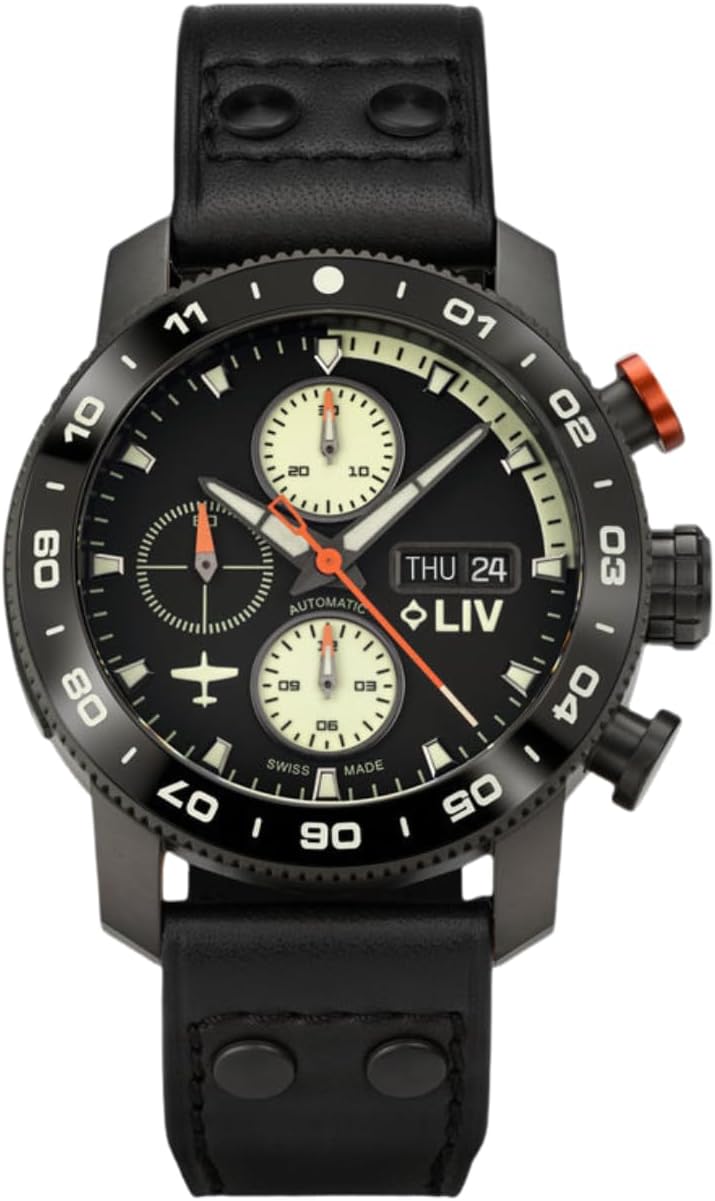 LIV P-51 Pilot Night Vision, Titanium 46MM Swiss Automatic Day-Date Chrono Watch – Unidirectional Ceramic Bezel – High-Grade Titanium Case – Sapphire Crystal