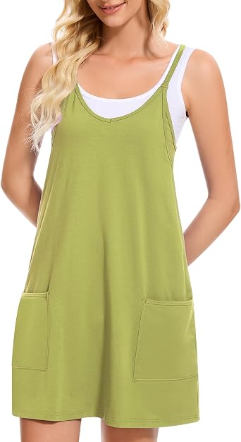 Women Tennis Workout Romper Mini Dress Summer Sleeveless Spaghetti Strap Athletic Sports Dress with ShortsYellow Green, Small