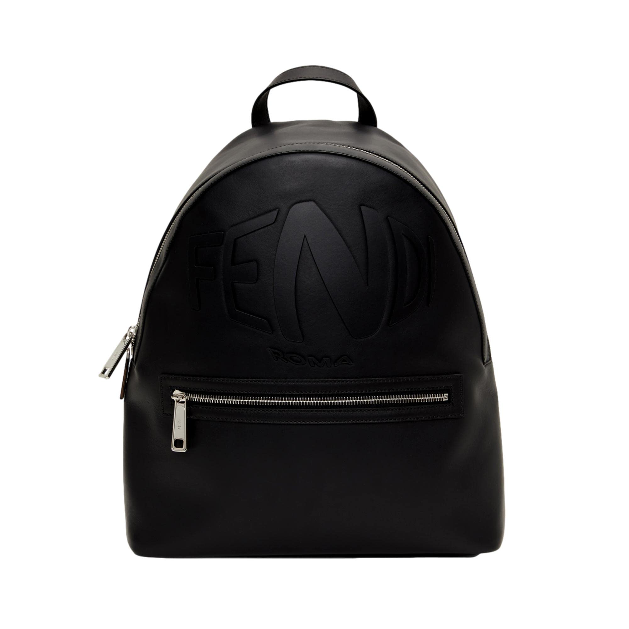 FENDIRoma Warped Logo Black Leather Backpack 7VZ042