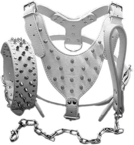 Juego de 3 collares de cuero con tachuelas para perros medianos y grandes, arneses y correas de cadena, juego de 3 piezas para Pit Bull, Mastín,