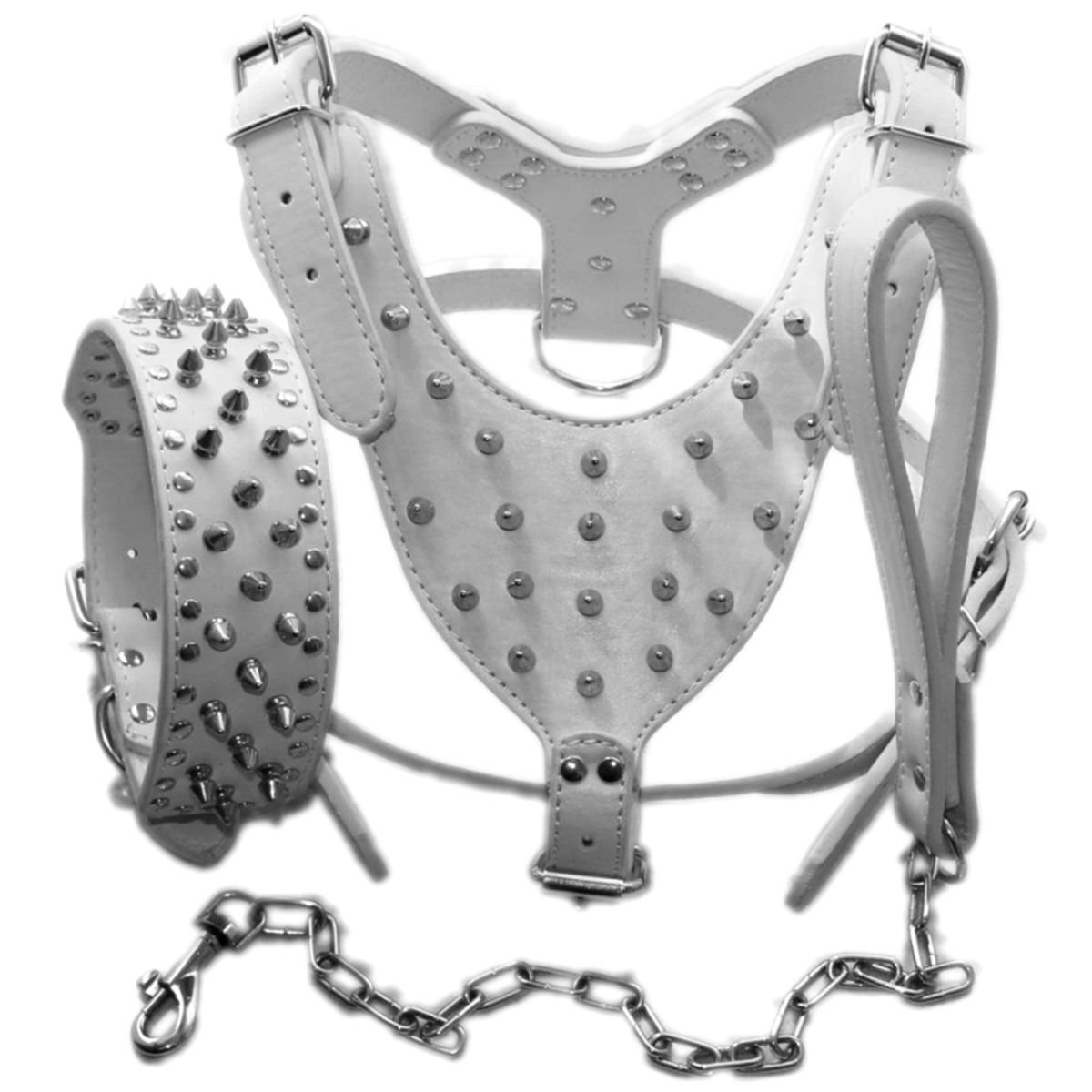 Haoyueer Leather Spiked Studded Medium & Large Dog Collars, Harnesses & Chain Leashes 3Pcs Matching Set for Pit Bull,Mastiff, Boxer, Bull Terrier