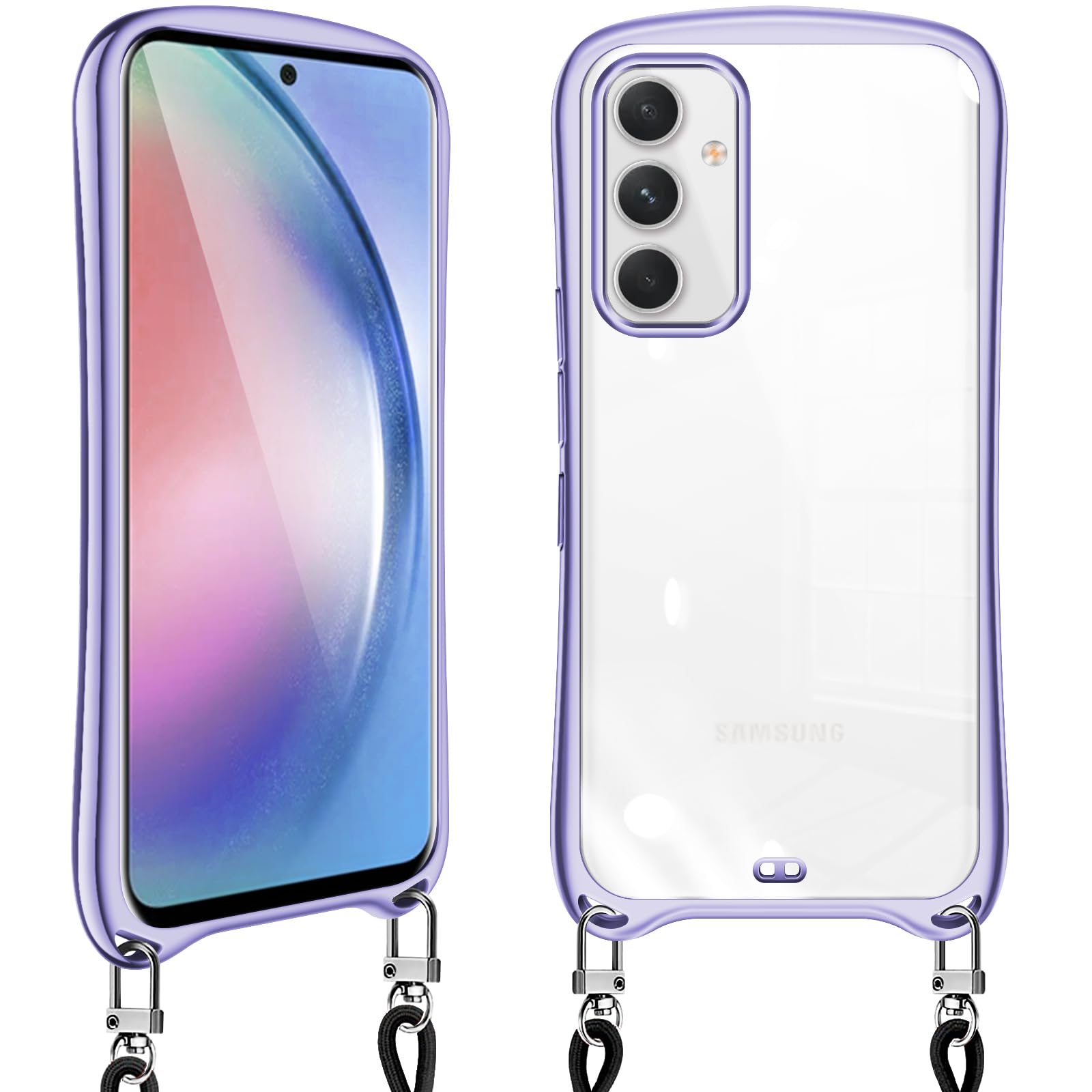 Galaxy A54 ケース クリア ショルダー SC-53D SCG21 ギャラクシーA54 5G スマホケース 耐衝撃 カバー 肩掛け 首掛け 斜めかけケース 可愛い かわいい 韓国 透明 TPU メッキ加工 TPUバンパー 長さ調整可能 取り外し可能(ライトパープル)