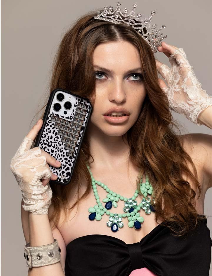 Image of Wildflower Cases - Compatible with iPhone 16 Pro Max | Protective Black Bumper, 4ft Drop Certified, Women Owned Small Business | White Leopard Original Silver | Stud Pyramid Collection - Snow Meow