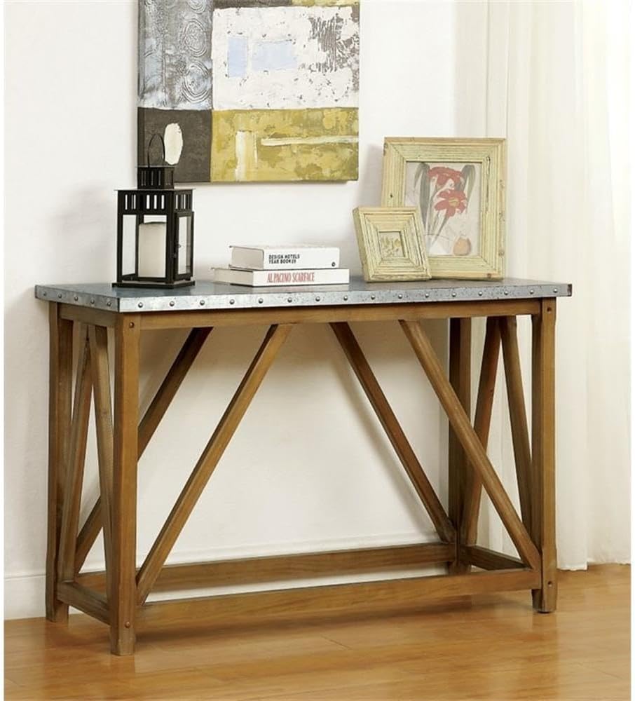 BOWERY HILL Industrial Wood Console Table, 49 in x 17 in x 30 in, Solid Wood and Steel with Galvanized Iron Top, Rustic Natural Tone Finish, Nailhead Trim, Modern Entryway Accent or Living Room