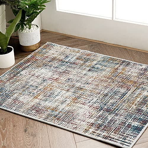 jinchan Area Rug 5x7 Abstract Sketch Distressed Green Multi Print Non-Slip Washable Rug Bedroom Thin Colorful Overdyed Mat Kitchen Contemporary Carpet Living Room Play Mat 5' x 7' (Rectangul