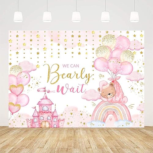 Miniatura 2 de Telón de fondo de baby shower de oso de 7 x 5 pies para niña, We Can Bearly Wait to Meet You Castillo rosa, arco iris, nube, globo, centelleante,
