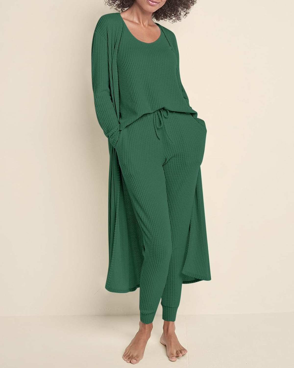 Eurivicy Womens Lounge Set Waffle Knit 3 Piece Pajama Sets Tank Tops Loose Pants with Long Cardigan Loungewear 2025 Dark Green - Image 2