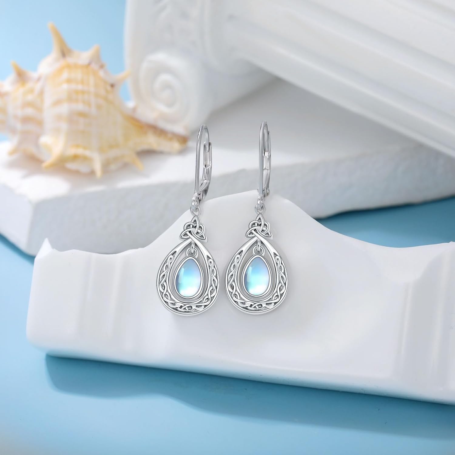 Dorunmo Moonstone Celtic Earrings 925 Sterling Silver Leverback Earrings Filigree Moonstone Earrings Birthday Christmas Jewelry for Women