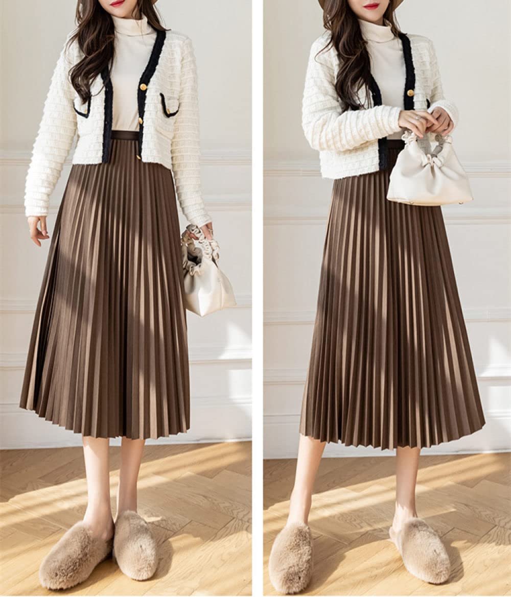 Faldas De Invierno para Mujer, Elegantes Faldas Plisadas De Color Marrón para Mujer, Cintura Elástica, Falda Midi Fluida De Talle Alto, Falda Fruncida, Falda De(S)