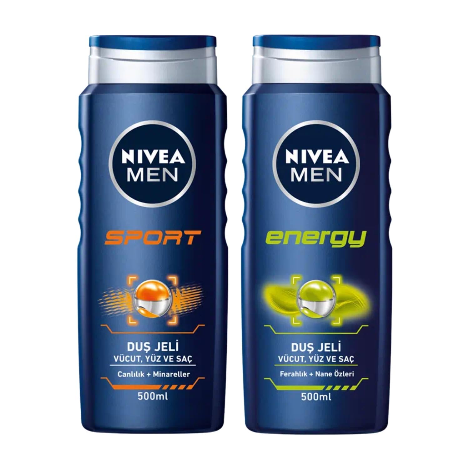 NIVEA Men Sports Duş Jeli, 500 ml, 3ü 1 Arada Kullanım, Vücut, Yüz ve Saç, 24 Saat Ferahlık + NIVEA Men Energy Duş Jeli, 500 ml, 3'ü 1 Arada Komple Bakım, Vücut, Saç ve Yüz için X2