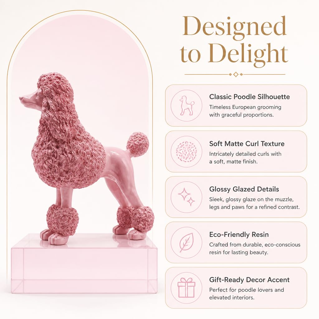 Statua di barboncino rosa, scultura a forma di cane in piedi, decorazione per la casa, decorazione in resina per ufficio, soggiorno, camera da letto, mensole