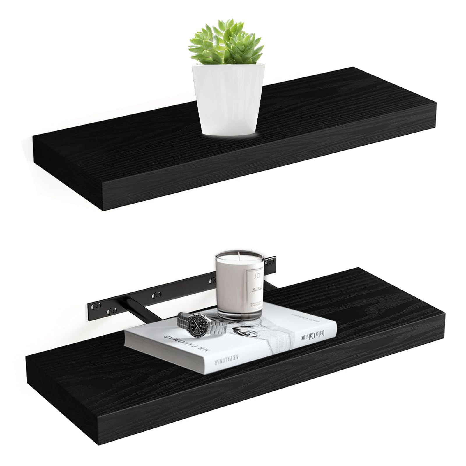 ZYNERY 2 Pack Floating Shelves, 40 x 15 x 1.5 cm, Black Floating Shelves for Wall Display Storage Wall Shelves