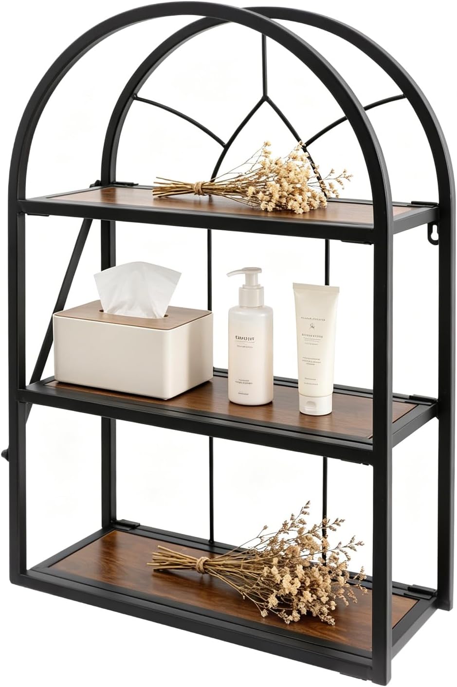 3 Tier Arched Foldable Metal & Wood Wall Shelf, Folding Metal Shelf