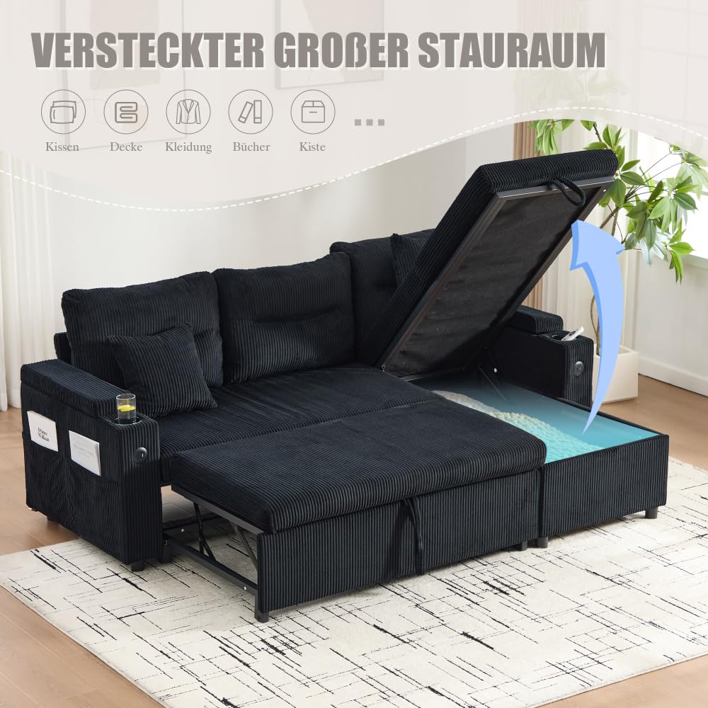 Lubvtti Divano letto 3 posti con portabicchieri,porte USB,contenitore integrato, divano 3 posti moderno in velluto a coste,divano angolare a L con chaise longue (Nero + 3 posti)